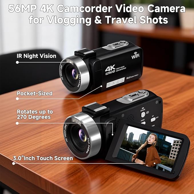 Video Camera, 4K Camcorder 56MP Digital Video Recorder 18X Zoom 3" 270° - Image 3