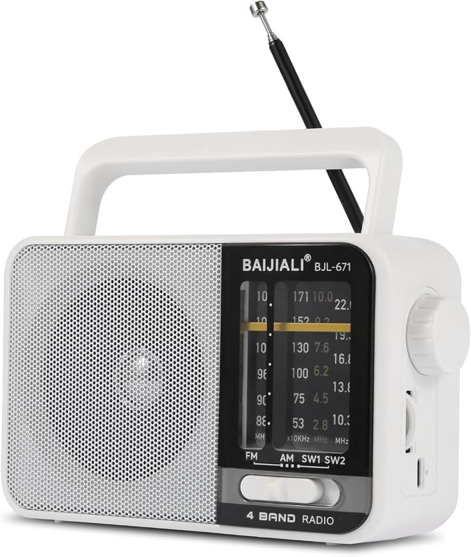 BAIJIALI AM FM SW Portable Radio - Dual Power (Battery/USB) Emergency Receiver with Loudspeaker, Transistor Design for Indoor/Outdoor, Travel & Survival Kit Ready (White, BJL-671) by Unknown