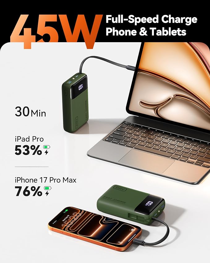 INIU 20000mAh Power Bank, Small Portable Charger, 45W PD Fast Charging Battery Pack with Build in USB-C Cable, Travel Phone Charger for iPhone 17 16 15 14 Air Samsung S25 S24 Google iPad Xiaomi, Green - Image 2