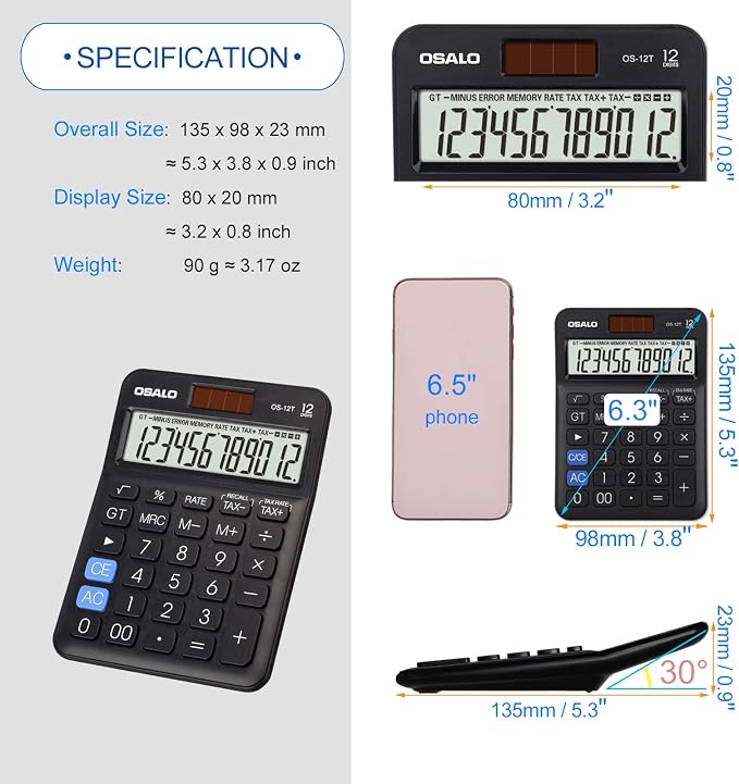 Pocket Small Size Desk Calculator, 12 Digit Large LCD Display, Basic Tax - Image 5