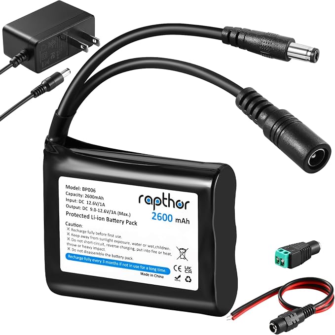 rapthor Rechargeable 12V 2600mAh Lithium ion Battery Pack with Charger Compatible with 12V Devices, Bike Light, DIY Project, Radio, Fishing Light,LED Light Strip, CCTV Camera by rapthor