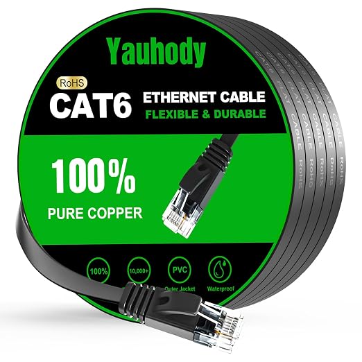 Yauhody CAT 6 Ethernet Cable 82ft Black, High Speed Solid Flat CAT6 Gigabit by Yauhody