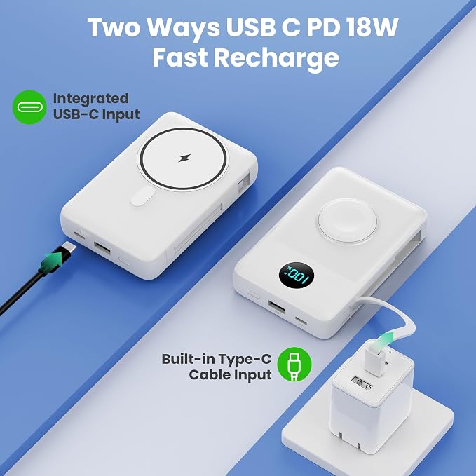 Magnetic Portable Charger for MagSafe with Built-in Cable, iWatch Charger, 10800mAh Wireless Power Bank Travel Essentials, 25W PD Fast Charging Battery Pack for iPhone 17/16/15/14/13,Apple Watch-White - Image 4