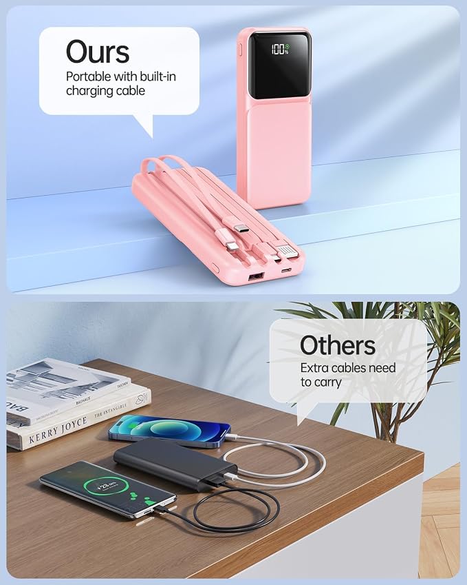 RONEGN Portable Charger with Built in Cable - Power Bank Fast Charging USB C LED Display 10000mah Battery Pack 5 Outputs & 3 Inputs for Travel Essentials iPhone Samsung Android Phones Tablets Pink - Image 6