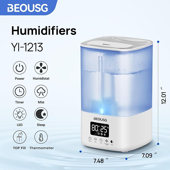 5L Top Fill Ultrasonic Humidifier,Cool Mist Humidifiers with Timer & Humidity Control for Bedroom, Baby, Large Rooms & Plants (White) - Image 2