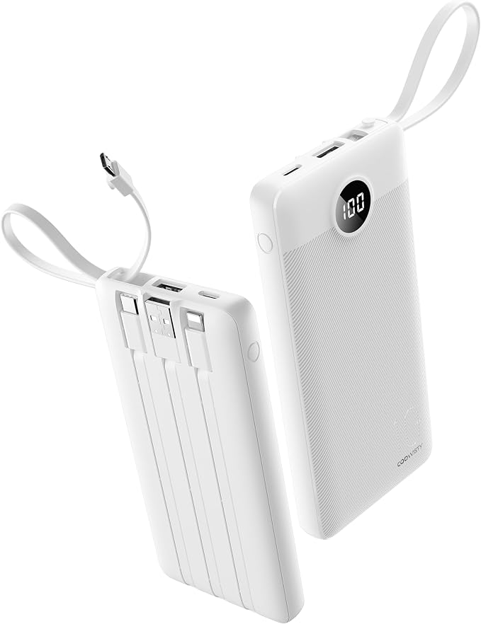Portable Power Bank, 10000mAh Slim Portable Charger with Built-in Cables, External Battery Pack 5 Outputs 2 Inputs LED Display Compatible with iPhone/Android & More (White) by KeepYourLifeCharged%EF%BC%81