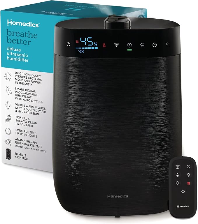 Homedics Deluxe Ultrasonic Humidifier for Large Rooms, Warm or Cool Mist, UV-C Technology, 1.5-Gallon Top Fill Tank, Smart Digital Programmable Humidistat, Home Dry Air Relief, Aromatherapy by Homedics