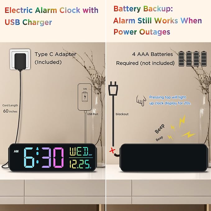Peakeep Digital Alarm Clock for Bedrooms, Date Day of Week Large Display - Image 5