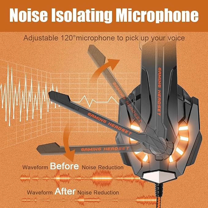 BENGOO G9000 Stereo Gaming Headset for PS4, PC, Xbox One Controller, Noise Cancelling Over Ear Headphones with Mic, LED Light, Bass Surround, Soft Memory Earmuffs (Orange) - Image 5