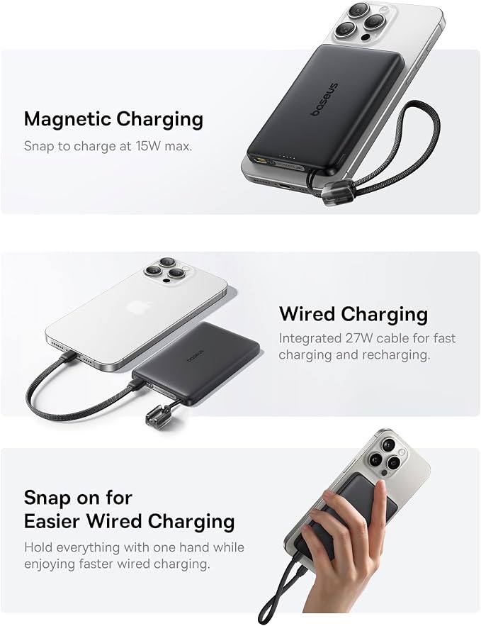 Baseus Picogo Qi2 15W Magsafe Portable Charger, 0.5" Ultra Slim 10000mAh Wireless Power Bank with 27W Built-in USB-C Cable, Magnetic Battery Pack for iPhone 17 Pro Max/17 Pro/Air/16/15/14/13/12 - Image 5