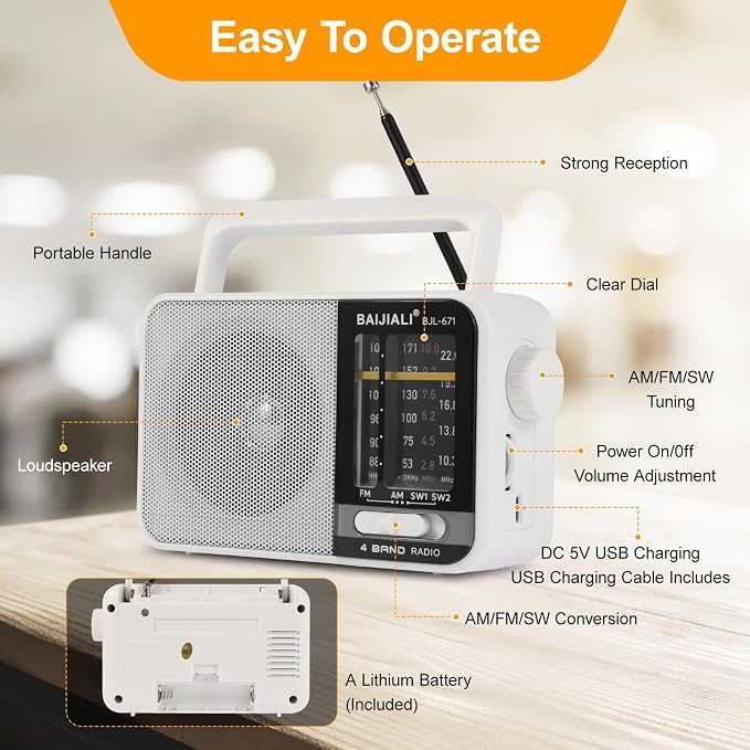 BAIJIALI AM FM SW Portable Radio - Dual Power (Battery/USB) Emergency Receiver with Loudspeaker, Transistor Design for Indoor/Outdoor, Travel & Survival Kit Ready (White, BJL-671) - Image 5