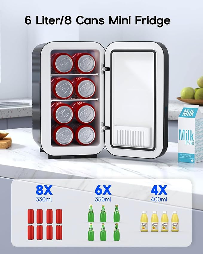 BEICHEN Mini Fridge,6 Liter / 8 Can Small Fridge for Bedroom, Car, Office | Cooler & Warmer for Food, Drinks, Skincare,Energy Saving, Low Noise,110V Ac/12V Dc,Compact & Portable,BLACK ﻿ - Image 2