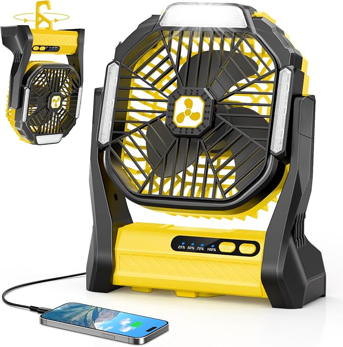 Portable Rechargeable Fan, 20000mAh Cordless Battery Powered Camping Tent Fans with SOS & LED Lantern, Small USB C Operated Outdoor Ventilador for Fishing Travel Camp Picnic Beach Office Desk Home by Unknown