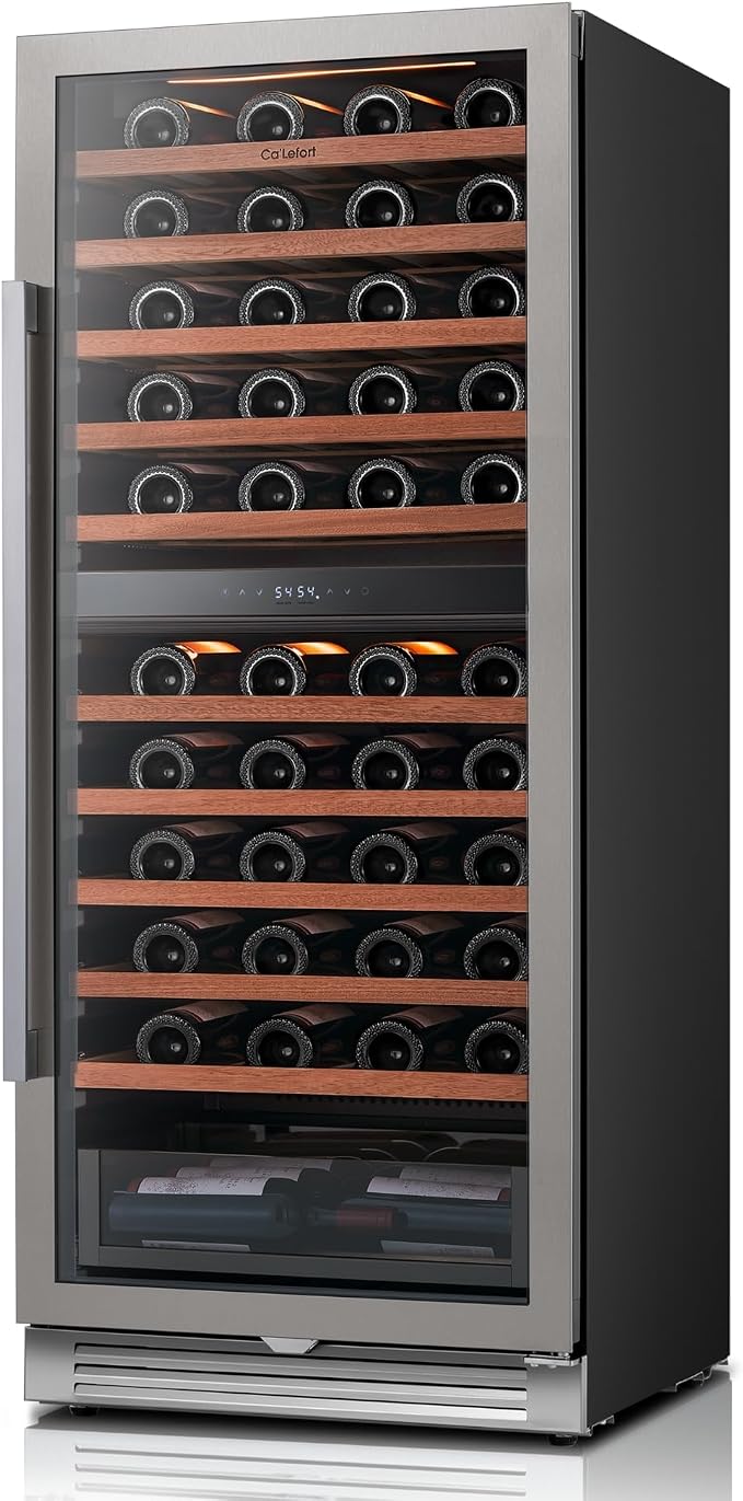Ca'Lefort 24 Inch Dual Zone Wine Fridge, 90 Bottle Built-In Wine Cooler | 55-Inch Tall Wine Cellar, Quiet Inverter Compressor, Precise 40-65°F Temperature Control, Glide-Out Shelves & Storage Drawer by CaLefort