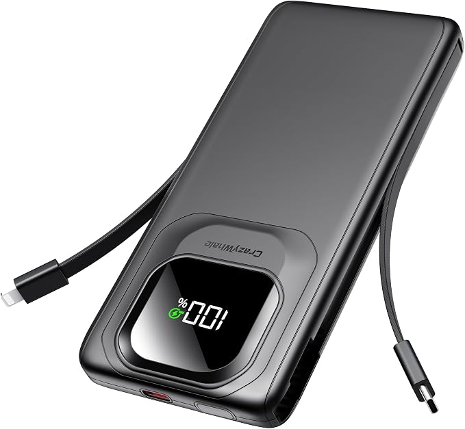 Portable Charger Power Bank with Built-in Type C Cables, 22.5W Fast Charging 10000mAh Phone Charger, Travel Battery Pack Slim Battery Bank with LED Display for iPhone, Android & USB-C (Black) by Crazywhale