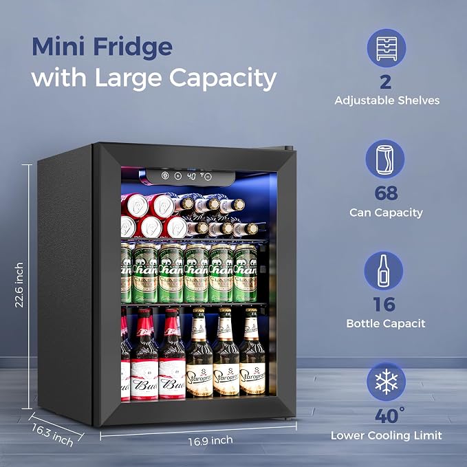 Feelfunn 1.7 Cu.Ft Beverage Refrigerator Cooler - 68 Can Mini Fridge Glass Door for Drink Soda Beer Wine - Small Refrigerator for Bedroom Office Home Dorm Bar, Black - Image 2
