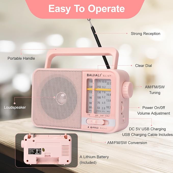 Portable AM/FM Transistor Radio with Loud Speaker, Battery or USB Powered - Compact Emergency Radio for Indoor, Outdoor, Travel & Storms (BJL-671, Pink) - Image 3