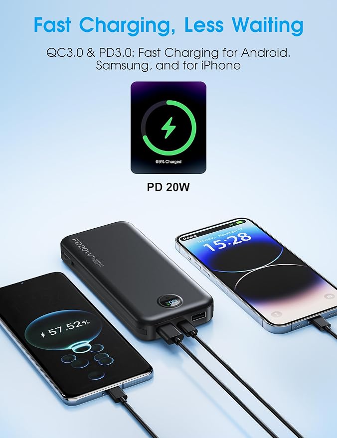 Portable Charger, 10000mAh PD20W Fast Charging Power Bank with Built-in Cables & Wall Plug, External Battery Pack with LED Display, Travel Essentials Battery Bank for iPhone, iPad, Samsung Matte Black - Image 5