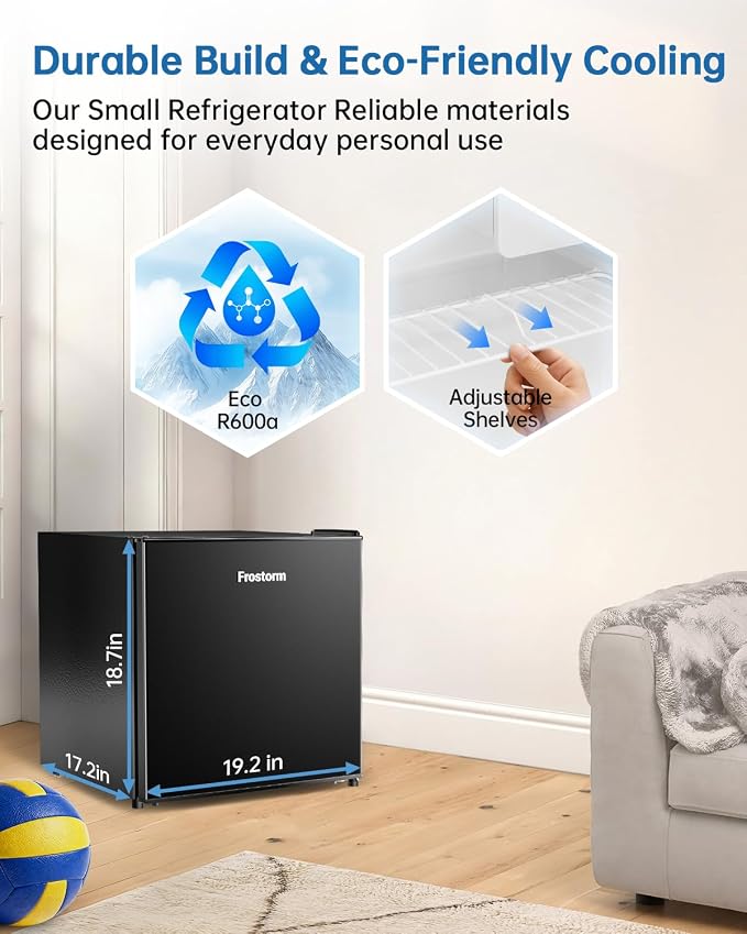 1.6 Cu Ft Mini Fridge with Freezer, Single Door Upright Freezer | 30dB Ultra Quiet, Adjustable Thermostat, Reversible Door, ETL Certified, Mini Fridge for Bedroom, Dorm & Office, Black - Image 7