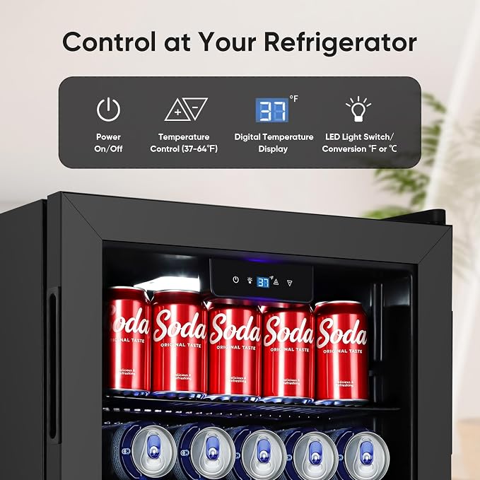 120 Can Beverage Refrigerator, Freestanding Beverage Cooler with Digital Temperature Display, Mini Drink Beer Soda Fridge for Office or Bar, White Indicator Light & Reversible Door - Black - Image 3