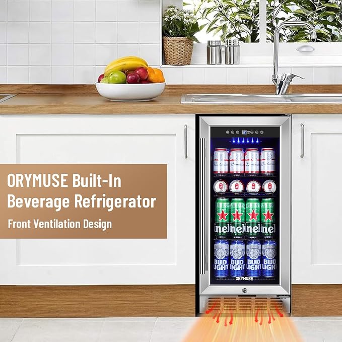 15 Inch Beverage Refrigerator, 130 Can Capacity Under Counter Fridge with Lock & Glass Door, Quiet Built-in or Freestanding Beer Cooler, Powerful Compressor for Fast Cooling - Image 3