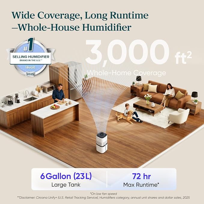 LEVOIT Superior 6000S Smart Evaporative Humidifiers for Home Whole House up to 3000ft², 23L, Last 72-Hour, Premium Filter, Dry Mode, Wheels & Water Fill Hose, Foldable Storage, Sleep Mode, New Edition - Image 2