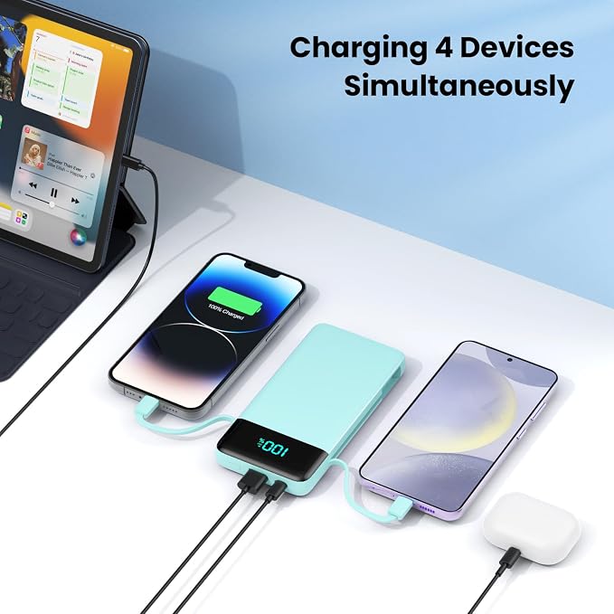 Portable Charger for iPhone,13800mAh Slim Power Bank with Built-in Cables & AC Wall Plug,All in One 4 Outputs USB C Fast Charging Battery Pack Travel Essential for iPhone 17/16/15/14,Android (Green) - Image 6