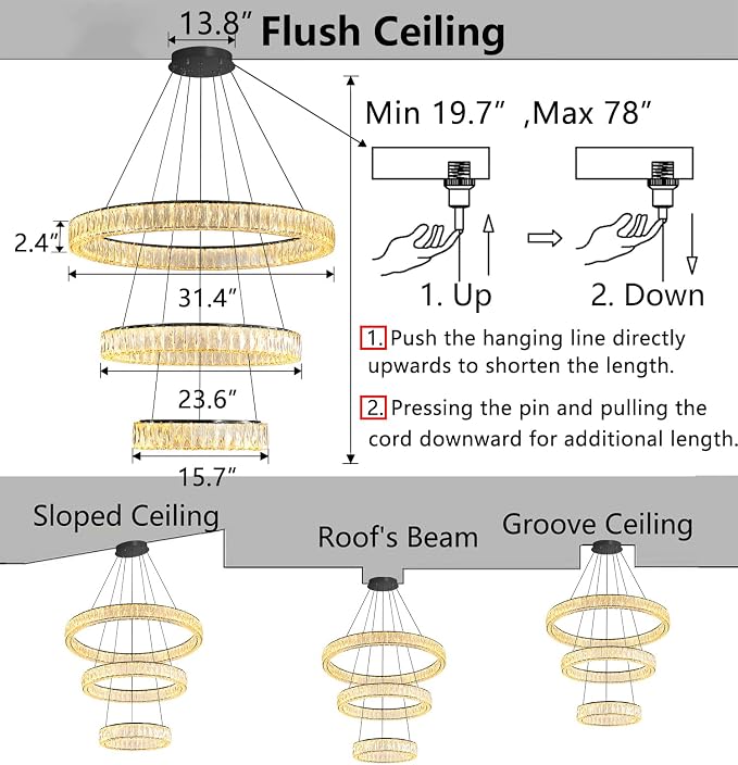 HAIXIANG Modern Glam Chandelier Crystal LED Remote Rings Chandelier Adjustable - Image 2