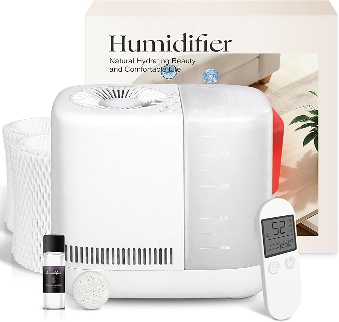 Evaporative Humidifier for Bedroom (No Mist) – Dishwasher Safe, No White Dust, Smart Remote with Sensor, Red Sleep Light, White Noise, Nursery Humidifier with 2.5L Tank, 2 Filters & Aroma Kit by Unknown