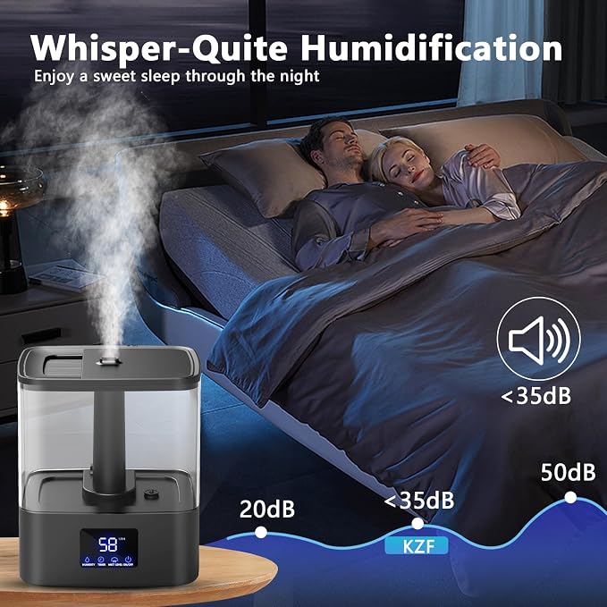 KZF 4L Top Fill Humidifiers for Bedroom & 60H Runtime - Cool Mist Humidifier, 3 Mist Levels, 8H Timer, Essential Oil Tray, Humidity Display, Quiet for Bedroom, Baby, Plants, Large Room (Black, 6L) - Image 6