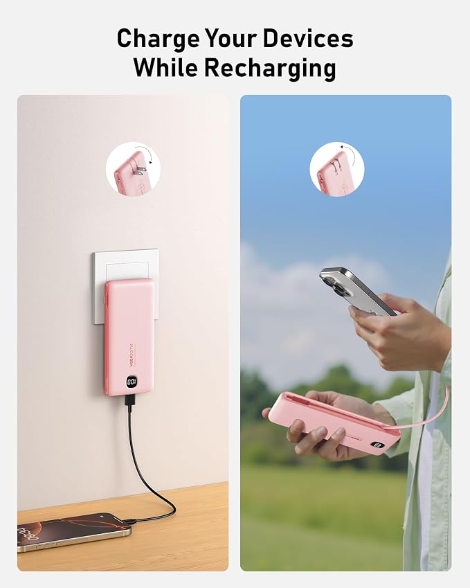 Portable Charger Power Bank Built in Cables and Wall Plug, 10000mAh iPhone Battery Pack Fast Charging, USB C External Slim Power Bank, Travel Essentials Compatible with iPhone 16 15 14 13 iPad, Pink - Image 3
