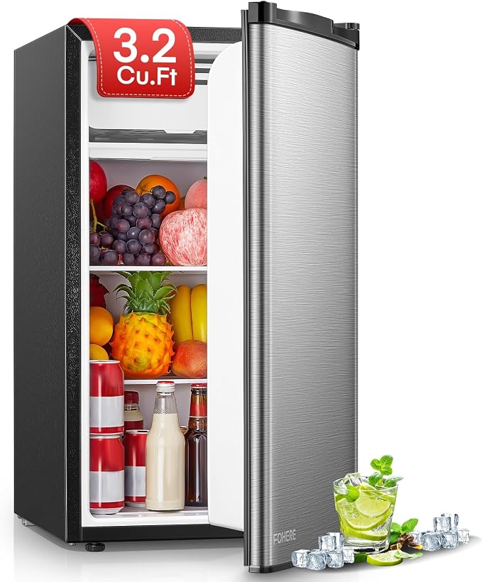 FOHERE 3.2 Cu. Ft Small Refrigerator with Freezer, Compact Mini Fridge with 7 Level Temperature Control, Removable Glass Shelves for Bedroom, Office, Dorm, Stainless Steel, BC-90U-E by HOME