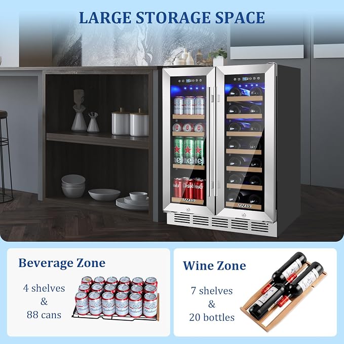 24 Inch Wine and Beverage Refrigerator, Dual Zone Wine Beverage Fridge with Glass Door, Built-In/Freestanding Beverage Cooler 24" with French Door, Holds 20 Bottles and 88 Cans for Home/Kitchen - Image 4