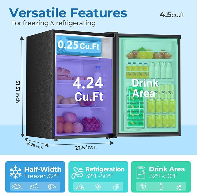 Electactic 4.5 Cu.ft Mini Fridge with Freezer, Compact Refrigerator with Reversible Single Door, Adjustable Thermostat, Low Noise, Energy Efficient for Office, Dorm, Bedroom, Apartment BLACK - Image 2