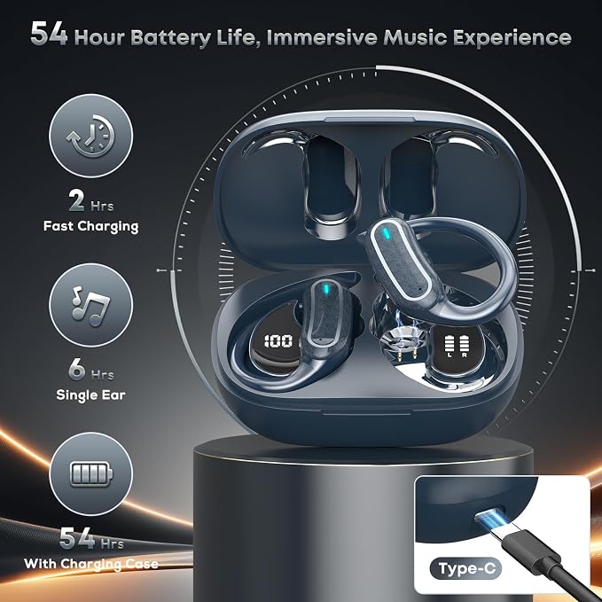 TRAUSI Wireless Earbuds Bluetooth Headphones, 54H Playtime Stereo Over Ear Buds with ENC Noise Cancelling, LED Power Display, IPX7 Waterproof Sport Earphones wih Earhooks for Running/Workouts Blue - Image 3