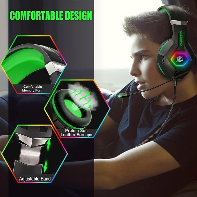 Ozeino Gaming Headset for PC, Ps4, Ps5, Xbox Headset with 7.1 Surround Sound, Gaming Headphones with Noise Cancelling Mic RGB Light Over Ear Headphones for Xbox Series X/S, Switch-Green - Image 4