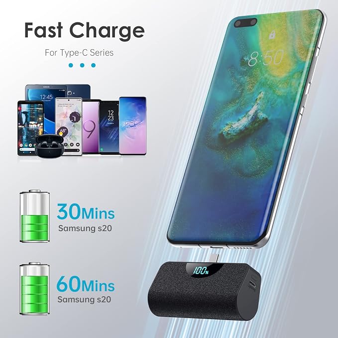 Mini Portable Charger 5000mAh Power Bank, 15w PD USB C Cell Phone Portable Power, LCD Display Battery Pack Compatible with Android Phone/Samsung Galaxy S22,S21/Note/Moto/LG/Pixel /Nexus/OnePlus 9 etc - Image 7