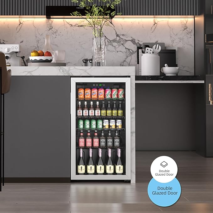 Erivess Mini Fridge 126Can Beverage Refrigerator Cooler Glass Door for Soda | 3.2 Cu Ft Drink Fridge for Home/Bar/Office with LED Display, Digital Temperature Control, Removable Shelves for Wine, Silver - Image 7