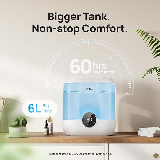 DREO Humidifiers for Bedroom, 6L Top Fill Supersized Cool Mist Humidifier for Large Room, 60 Hour Runtime, Quiet Ultrasonic Humidifiers for Plants, Baby, Indoor, Home, Night Light, Blue - Image 3
