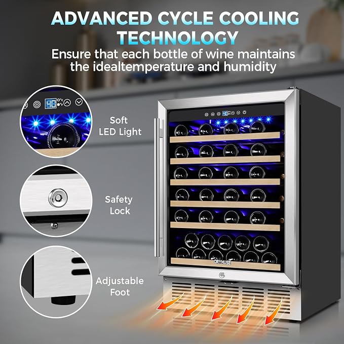 24 Inch Wine Fridge, 54 Bottle Wine Cooler Refrigerator with Stainless Steel Glass Door, LED Display, Upgraded Compressor, Built-In or Freestanding for Home Bar Kitchen - Image 6