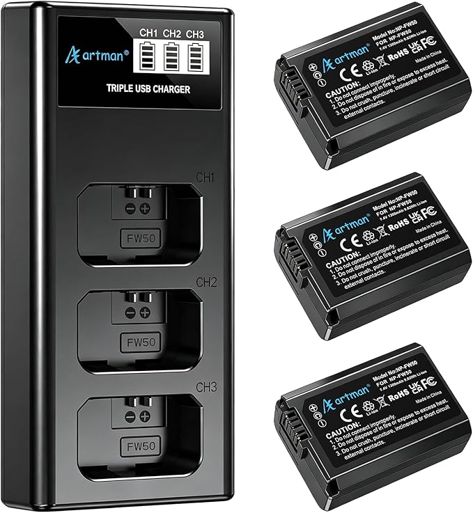 Artman NP-FW50 Battery 3-Pack and Upgraded 3-Slot ZV-E10 Battery LCD Charger by Aartman