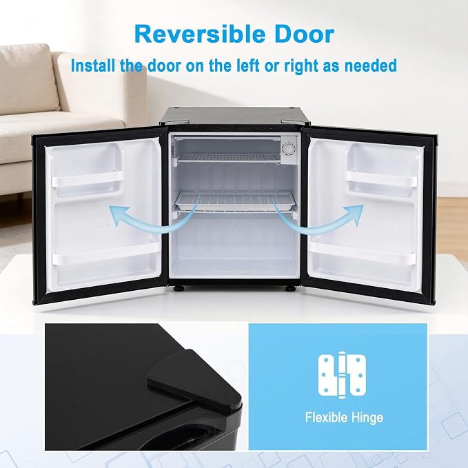 COSTWAY 1.7 Cu.Ft Mini Fridge with Compartment for Dorm Office Bedroom | Compact Small Refrigerator with Adjustable Thermostat, Reversible Single Door & Low Noise, for Drinks Fruits Snacks (Black) - Image 7