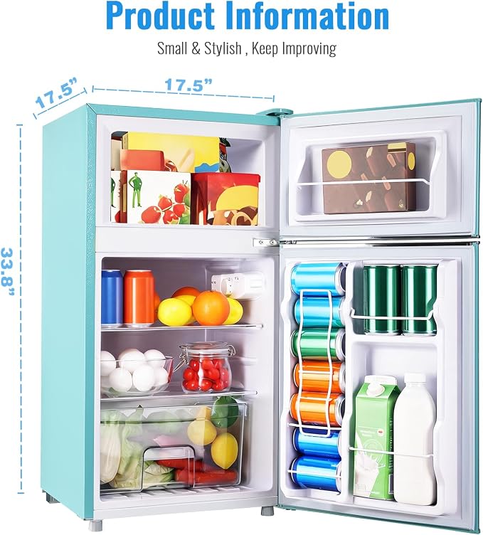 3.5 Cu.Ft Retro Mini Fridge with Handle Compact Refrigerator Blue | Dual Door Refrigerator with Freezer 7 Gears Temperature Control Ideal for Bedroom Dorm Office - Image 6