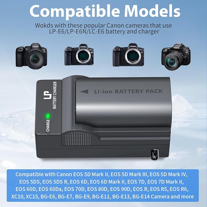 LP LP-E6 LP-E6N Battery and Charger Pack, 7D Mark II, 6D Mark II, 5D Mark IV - Image 4