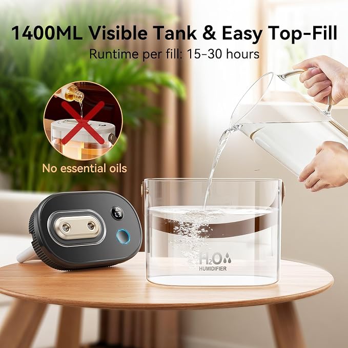 DIGIX Rechargeable Portable Humidifier-Smart Display,Night Light,Easy Clean,1.4L Small Humidifiers for Bedroom Baby, Personal Mini Humidifier for Travel Home Plants,3 Mist Modes, Auto Shut-Off (Black) - Image 6