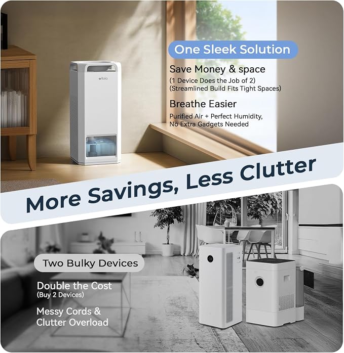 Afloia Air Purifier and Humidifier Combo in One-Cool Mist Evaporative for Home Bedroom Large Roome up tp 3000ft², with Humidity&Air Quality Sensor, Remove Pets Hair Mold Dust Odor Pollen Smoke, White - Image 8