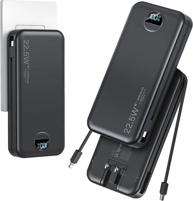 20000mAh Ultra-Portable-Charger-Power-Bank with Built in Cables&AC Wall Plug,PD20W USB-C Fast Charging Cell Phone Charger Battery Pack,LED Display Travel Battery Bank for All iPhone,Samsung,Android by AONIDI