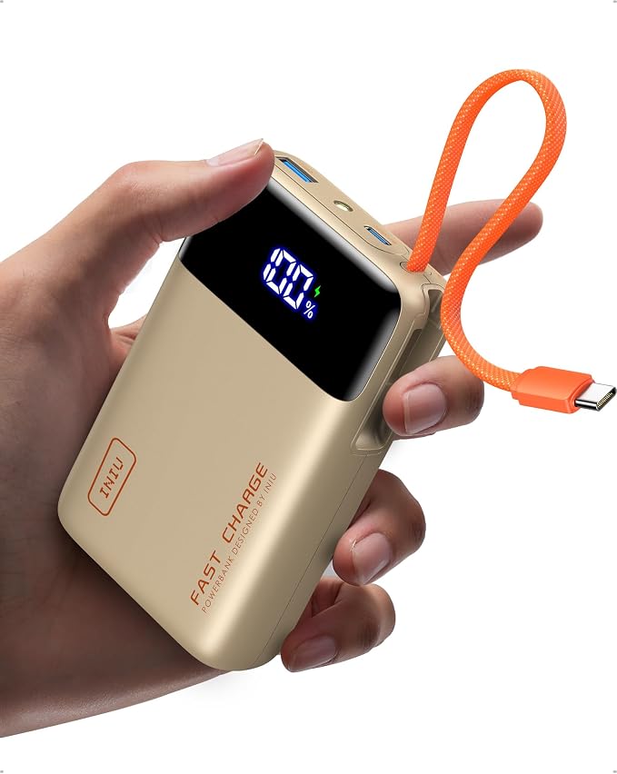 INIU 20000mAh Power Bank, Small Portable Charger, 45W PD Fast Charging Battery Pack with Build in USB-C Cable, Travel Phone Charger for iPhone 17 16 15 14 Air Samsung S25 S24 Google iPad Xiaomi, Beige by INIU