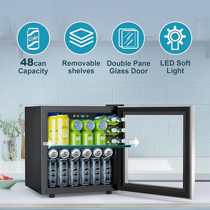 Electactic 48 Can Beverage Refrigerator,12 Bottle Wine Cooler with Stainless Steel Glass Door, Digital Temperature Display, Countertop Mini Fridge for Soda, Wine or Beer, Silver - Image 4