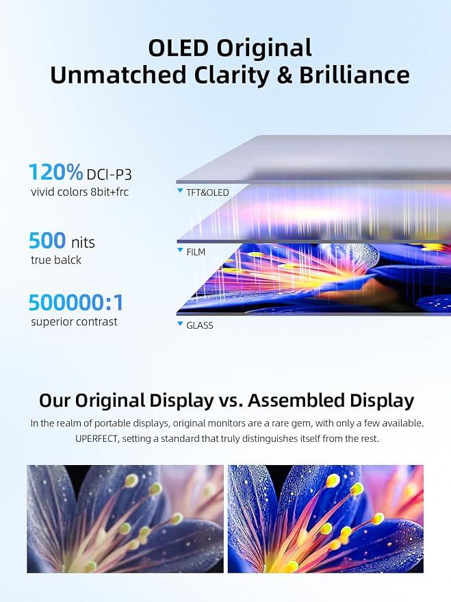 UPERFECT Touchscreen OLED Portable Monitor 14", 3K 2880x1800 | 120Hz | 0.1ms Portable Gaming Monitor, 500 Nits |120% DCI-P3 | 500000:1 | Ultra-Slim Design for Laptop Mini PC Phone Game Consoles - Image 4